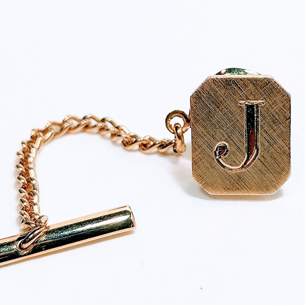 Letter J Initial Tie Lapel Pin & Chain Gold Tone Men's Jewelry #1287
